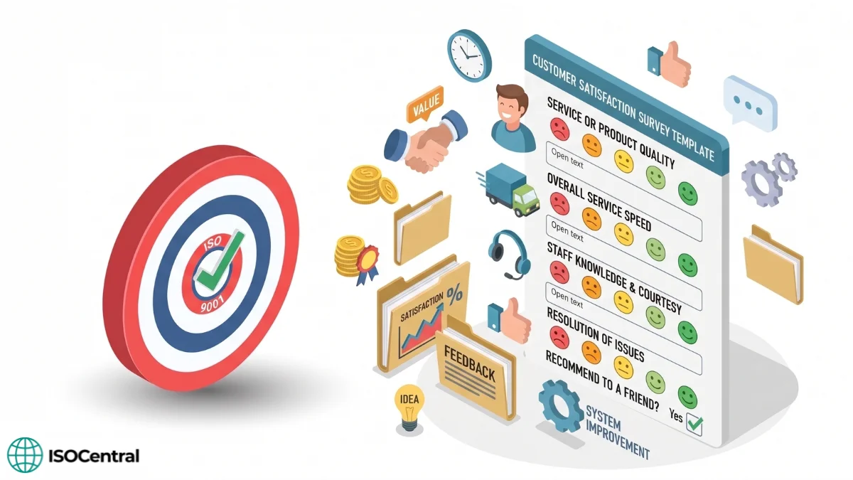 Isometric illustration of an ISO 9001 customer satisfaction survey template surrounded by feedback, satisfaction, and quality icons.