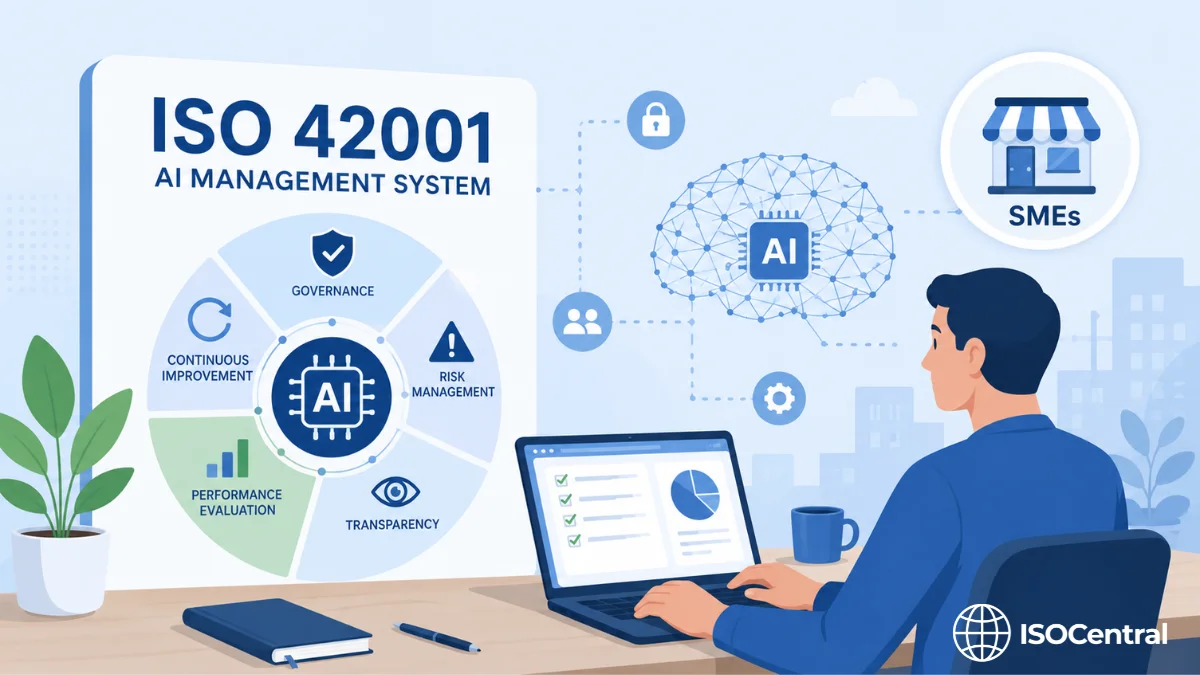 ISO 42001 AI Management System illustration showing governance, risk management, transparency, performance evaluation, and continuous improvement for SMEs