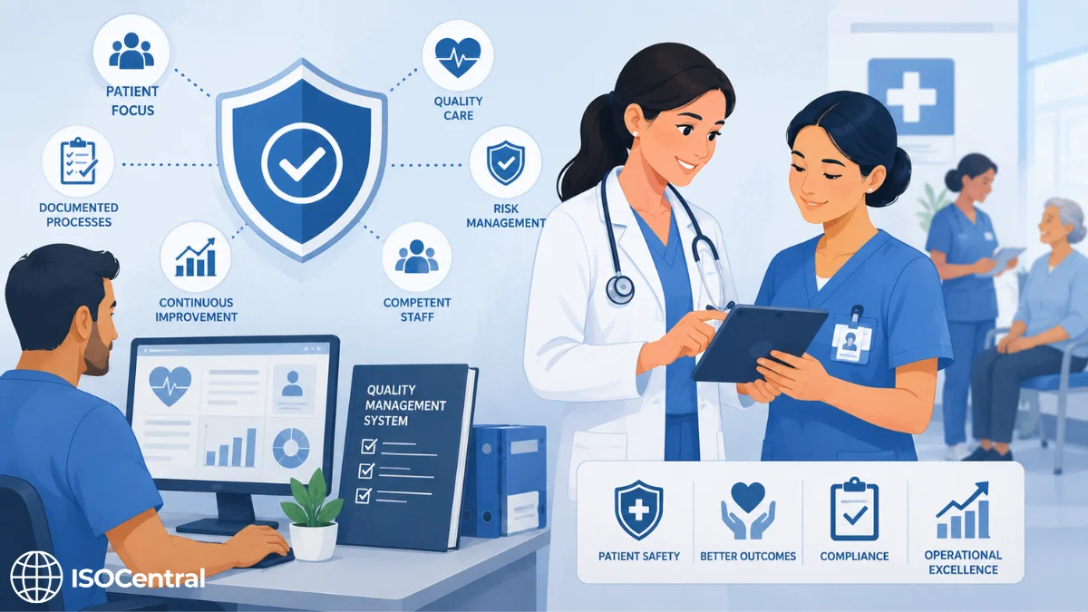 Healthcare team using ISO 9001 quality management system in a medical practice