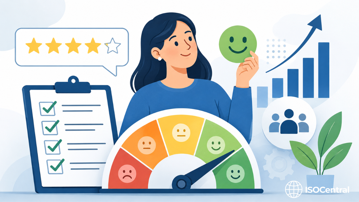 Illustration of a customer satisfaction meter with smiley faces, star rating, checklist, and rising chart