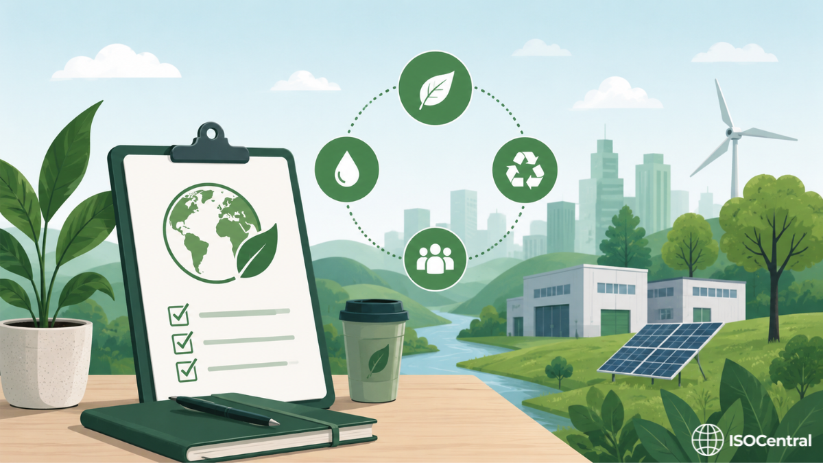 Illustration of an ISO 14001 environmental management checklist on a clipboard with a green globe, leaf, recycling and water icons, against green hills, a river, wind turbine, solar panels and a sustainable facility