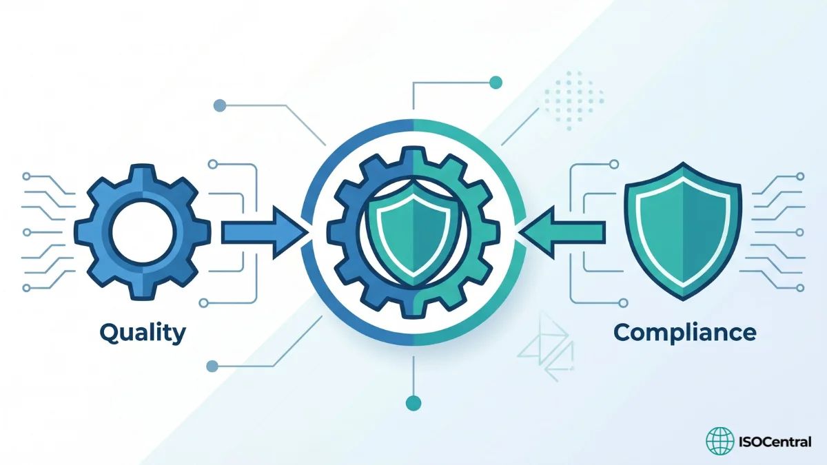 Diagram showing quality and compliance gears merging into a single integrated management system