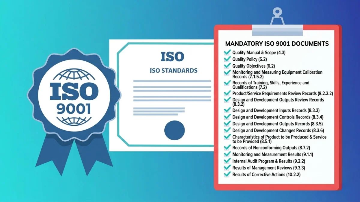 ISO 9001 mandatory documents checklist on a clipboard beside an ISO certificate and quality seal