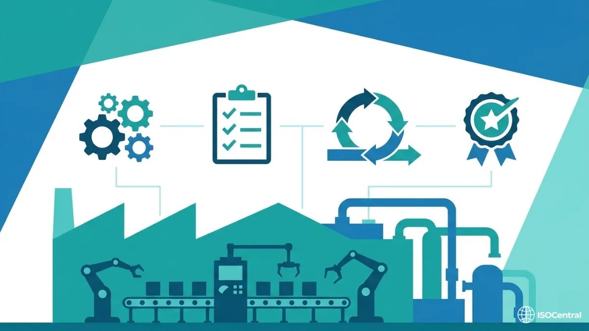 Illustration of an ISO 9001 quality management system in a manufacturing environment, showing factory, robotic production line, gears, checklist, process cycle, and certification badge in ISO Central navy and teal branding.