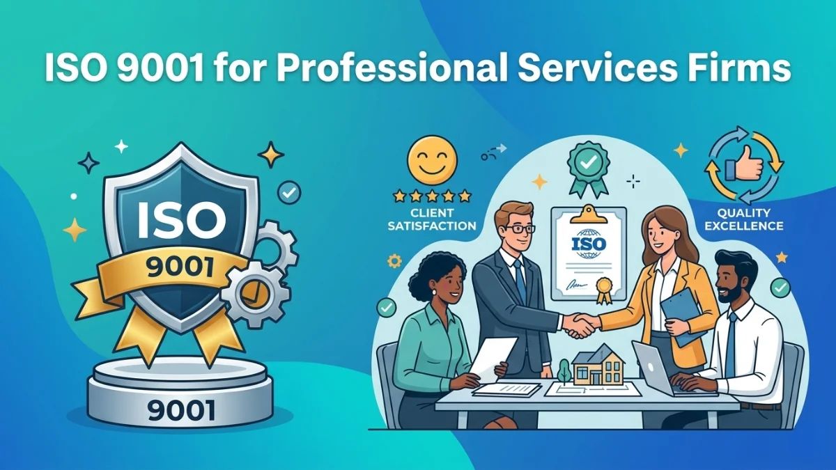 ISO 9001 for Professional Services Firms — illustration of consultants shaking hands beside an ISO 9001 quality badge
