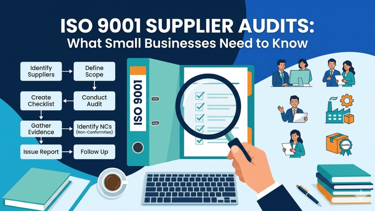 Infographic showing ISO 9001 supplier audit workflow: identify suppliers, define scope, create checklist, conduct audit, gather evidence, identify nonconformities, issue report, follow up.