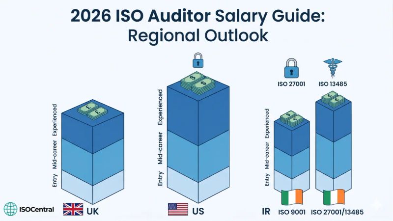 2026 ISO auditor salary comparison chart for the UK, US, and Ireland by standard and experience level